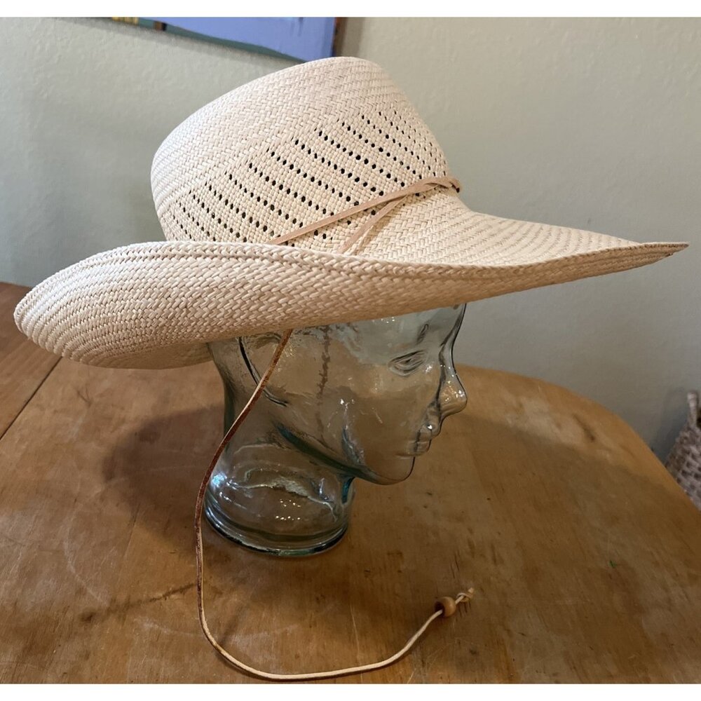 Vintage S.F. Green San Francisco Woven Straw Leather Strap Panama Hat 5 In Brim